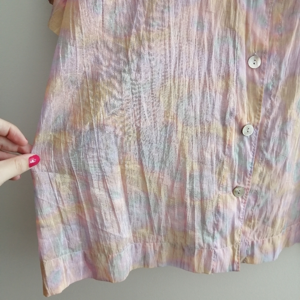 & Other Stories Boxy Short Sleeve Button Blouse Crinkle Pink Orange Blue Size 4 - Picture 7 of 14